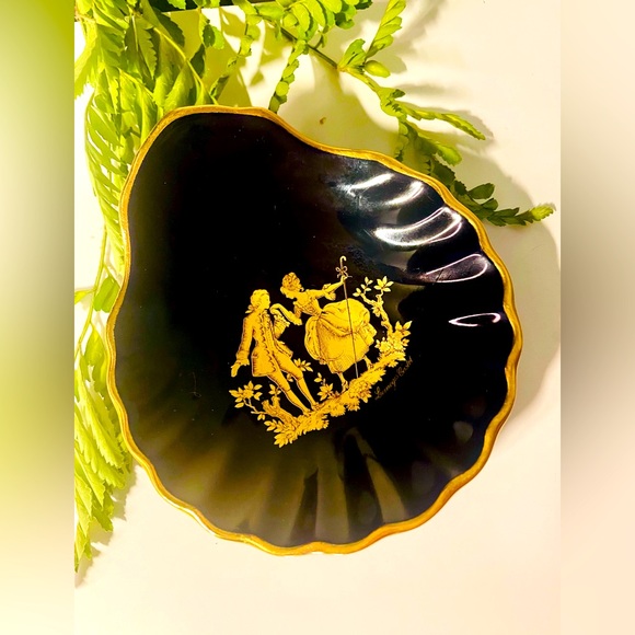 Vintage Limoges Castel France Cobalt Blue 22K Gold Courting Trinket Dish - Picture 3 of 8